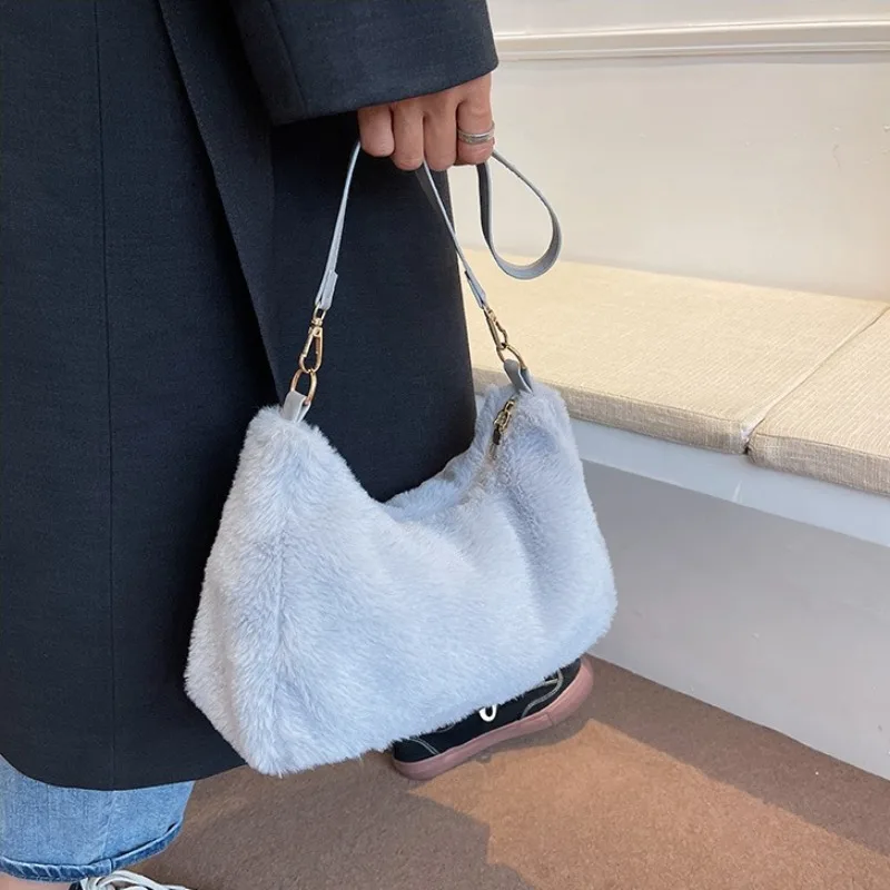 Winter Autumn Luxury Faux Fur  Mini Tote Bag for Women Designer Handbags Lady Purses Fluffy Soft Plush Underarm Bag