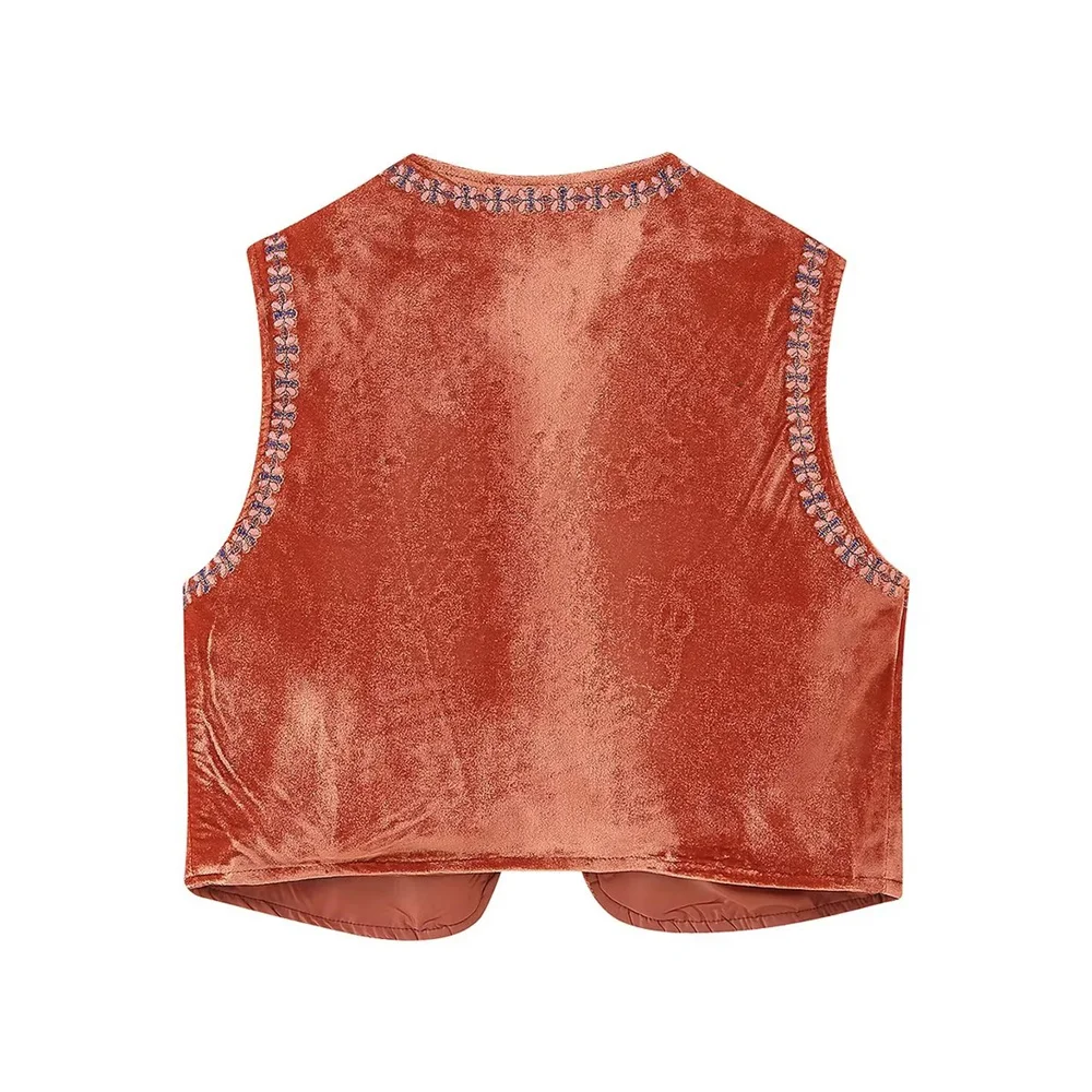 Winter New Women's Casual Loose Retro Short Beaded Embroidered Velvet V-Neck Vest_voghion.com