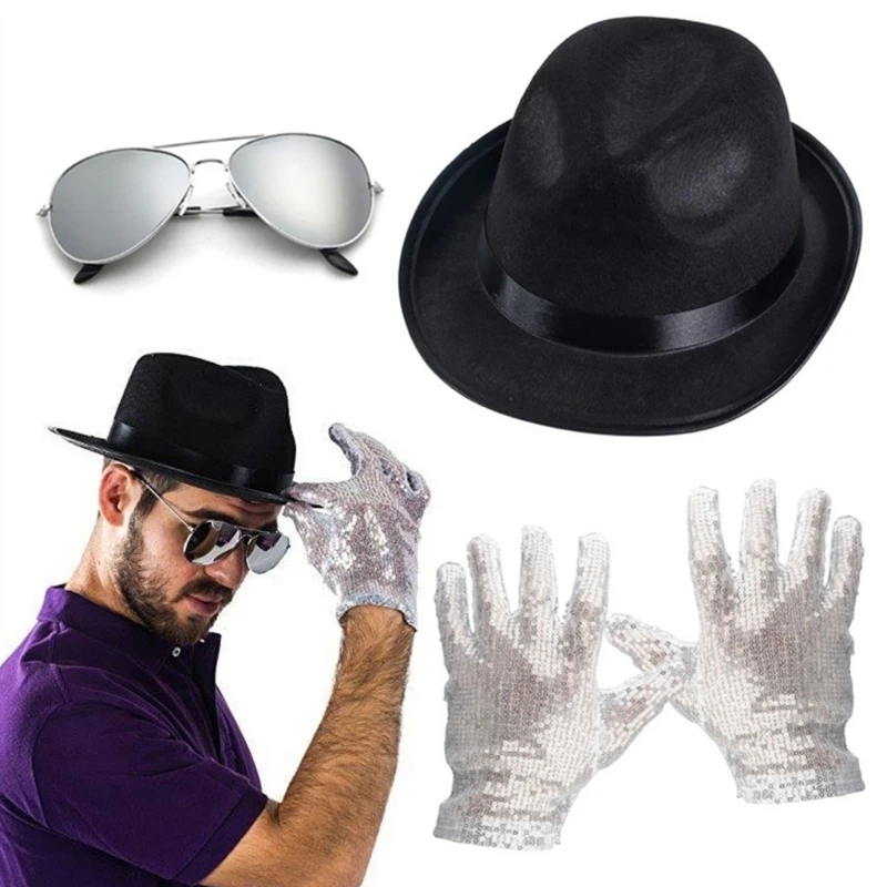 

Black Fedora Hat Eyeglasses Sequins Gloves Role Play Party Costume Stage Props