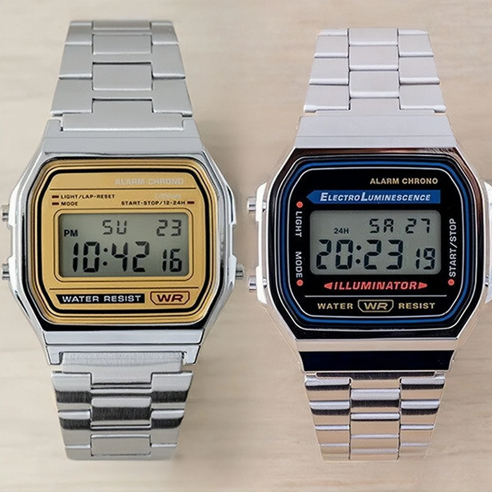 남녀공용 레트로 디지털 스테인리스 스틸 스포츠 밀리터리 시계, 럭셔리 밴드 시계, 전자 손목 시계, 방수 F91W 