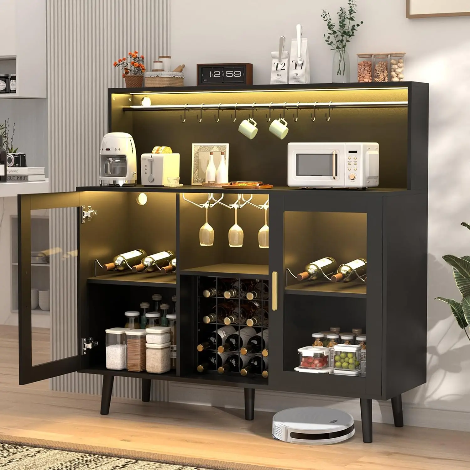 Wine Bar Cabinet with LED Light, Coffee Bar for Liquor, Alcohol Cabinet w/Glass Rack and Removable Wine Racks, Home, Customized