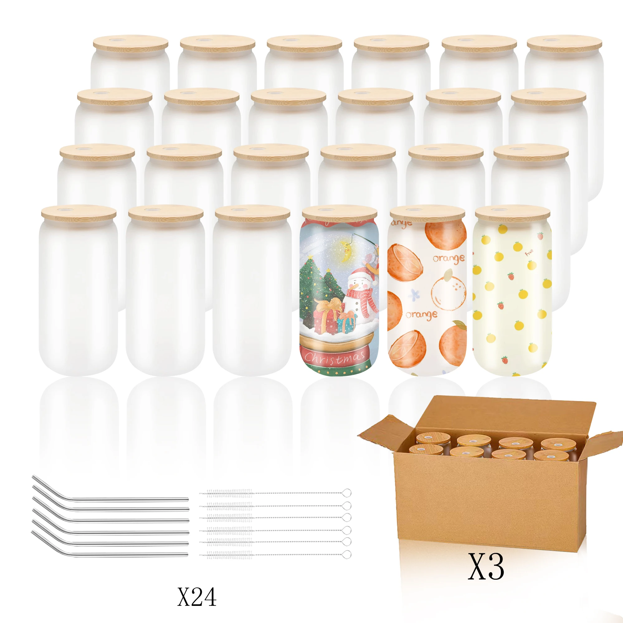 

US Warehouse 24Pack Sublimation Glass Tumbler Blanks Cans Frosted with Bamboo Lids and Straws Drinking Jars for Juice DIY