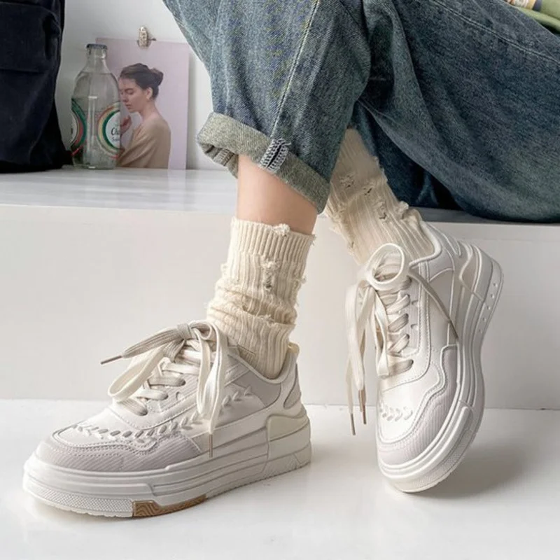 2023 White Platform Canvas Shoes For Women Height Increasing - Main Image