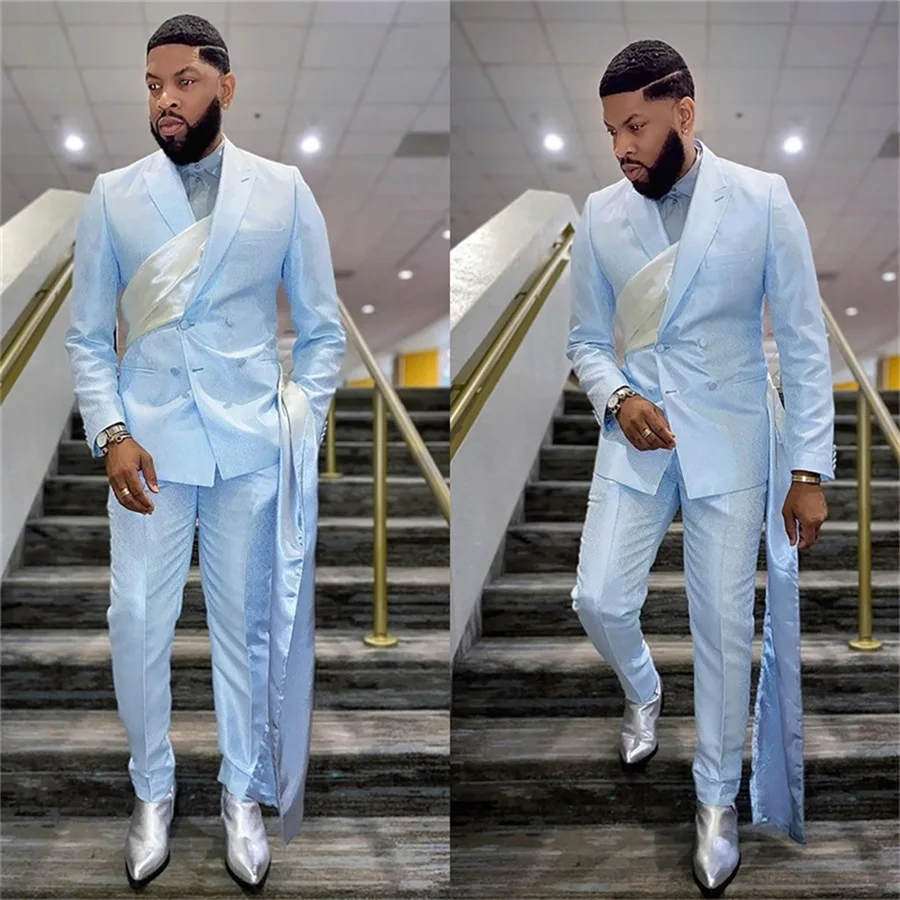 Designer Men Suits For Wedding Tuxedo Silk Satin 2 Pieces (Blazer+Pants) Double Breasted Formal Prom Evening Made