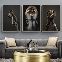 African Woman Art Black And Gold Lips Portrait Canvas Painting Poster Print Wall Art Picture Home Deco For Living Room Frameless 1