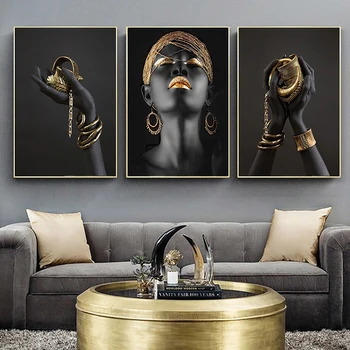 African Woman Art Black And Gold Lips Portrait Canvas Painting Poster Print Wall Art Picture Home Deco For Living Room Frameless 1
