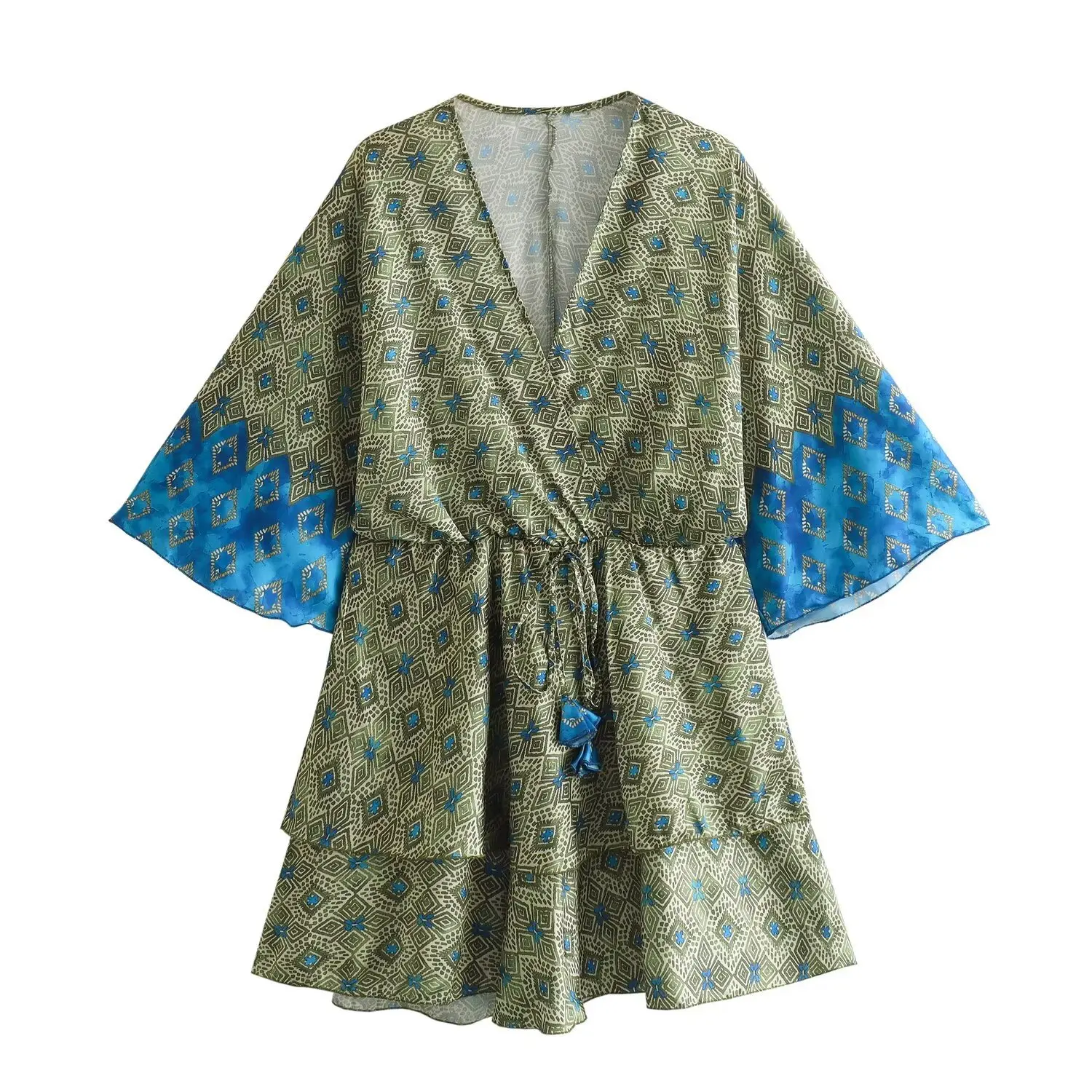 

Mini Satin Layered V Neck Lace Up Kimono Dress Women's Dress Summer Argyle Print Dress Elegant High Street Beach Dress 2024