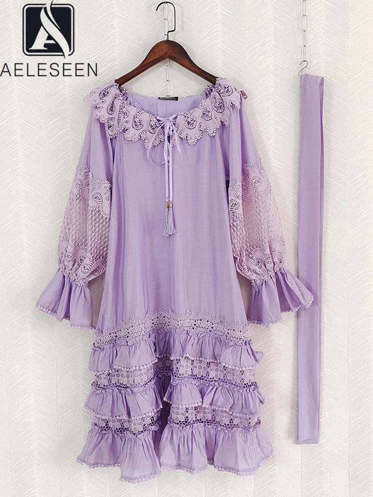 

AELESEEN Fashion Runway Cotton Dress Women Spring Atumn Purple Lantern Sleeve Lace Gauze Flower Embroidery Ruffles Mini Party