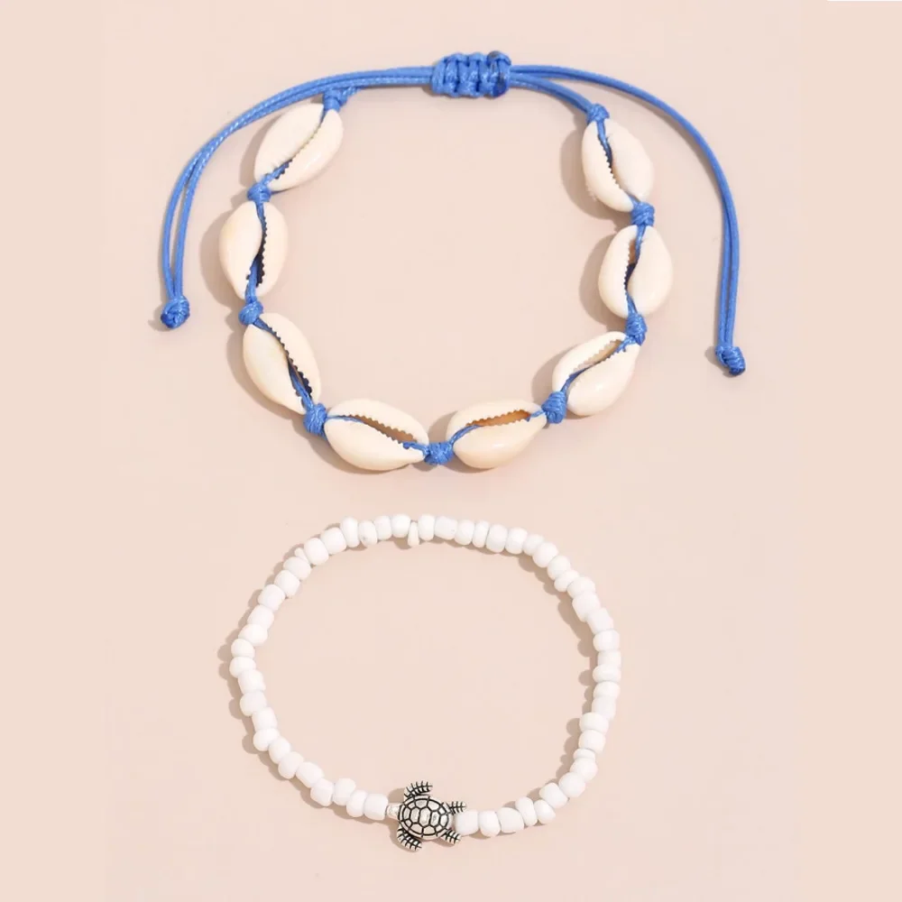 Ankle Chains Bohe Ethnic Braided Rope Chain Rice Beads Anklets Set For Women Girls Turtle Charm Foot Chain 2PCS beads anklet