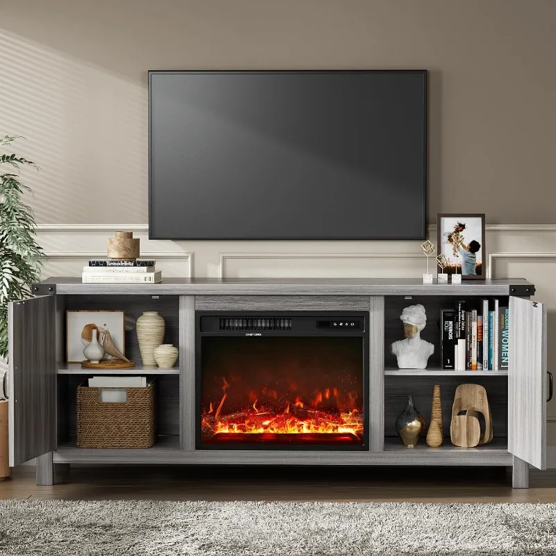 Fireplace TV Stand with Two Barn Doors and Storage Cabinets for Televisions 58 Inch, 3