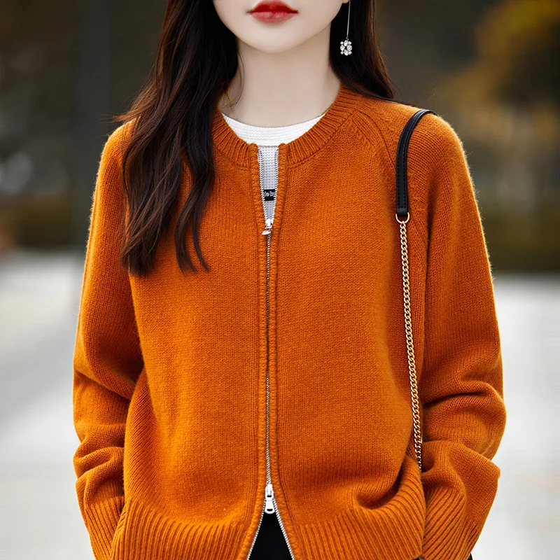 여성용 100% 울 캐시미어 스웨터, 라운드넥 카디건, 루즈한 한국 패션, 여성 상의 재킷, 2024 용수철 가을 신상
