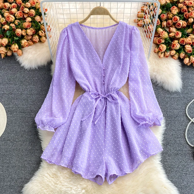 

Summer New Fashion Loose V-neck Single Breasted Waist Strap Chiffon Bubble Sleeve Jumpsuit Wide Leg Shorts Skirt Fashion