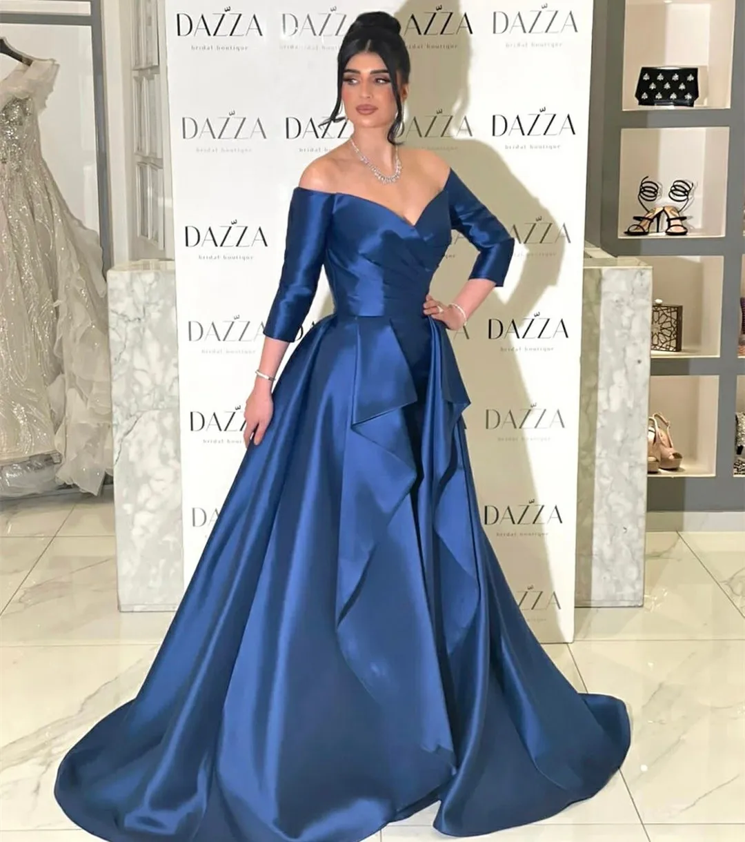 

Classy Long Sleeve Blue Satin Evening Dresses Sheath V-Neck Sweep Train فساتين السهرة Prom Gowns for Women