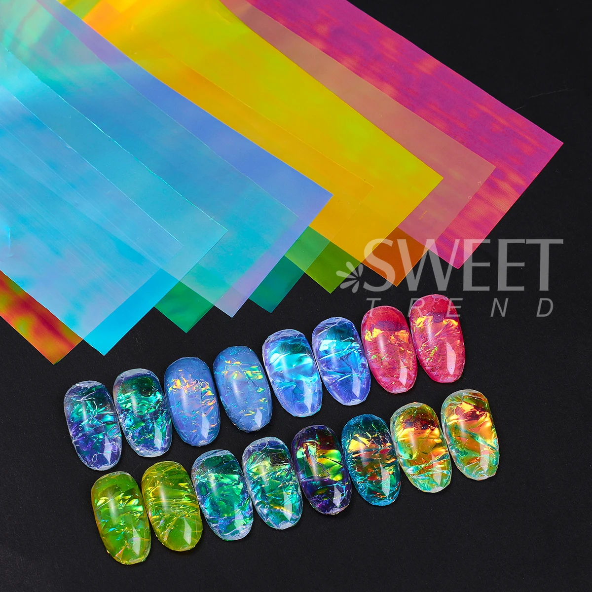 8pcs/Bag Fantasy Cellophane Nail Art Decoration Iridescent Aurora Foils Wraps Shinning Paper DIY Elegant Jewelry Manicure Slider