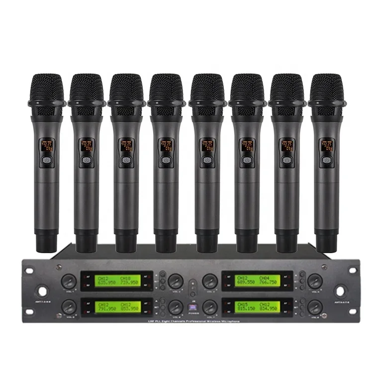 UHF 구매 무선 마이크, 8 채널 FM, LED 조명, 노래용 무선 마이크, DC 13.8V 1500ma, 공장 도매