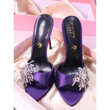 Purple satin rhinestone fringed high-heeled sandals with slim heels and 12cm socialite style, worn outside in half drag size