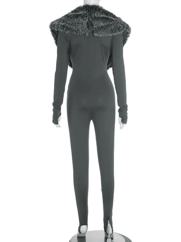 Wmstar Jumpsuit for Women Wholesale Sexy Open Deep V Neck Feather Patchwork Solid Color Long Sleeved Hooded One Piece Outfits