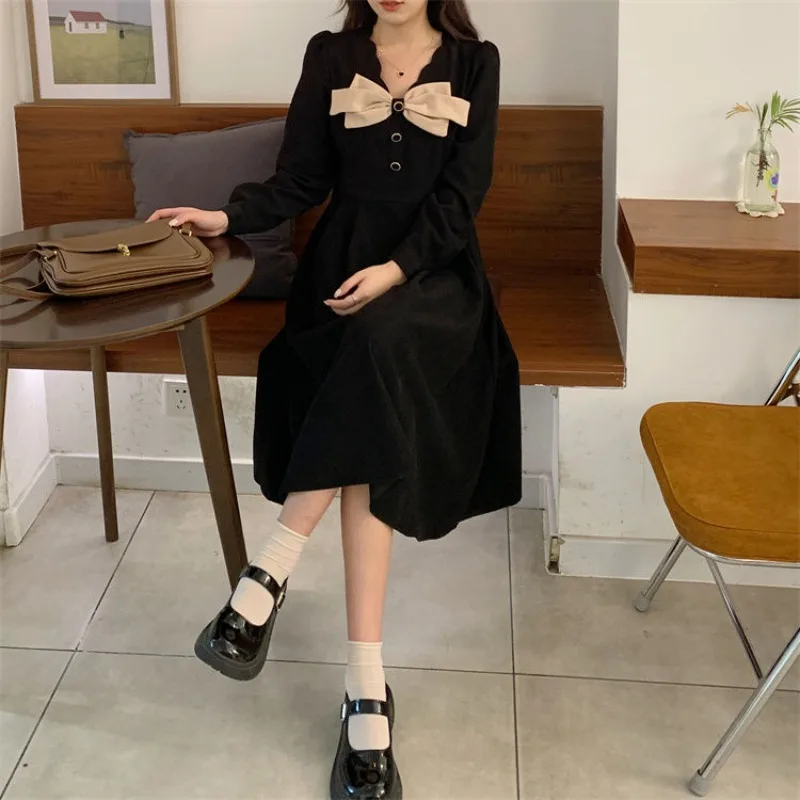 

Deeptown Korean Style Cute Midi Black Dress Women Vintage French Elegant Long Sleeve Tunic Shirt Dresses Sweet Vestidos Autumn