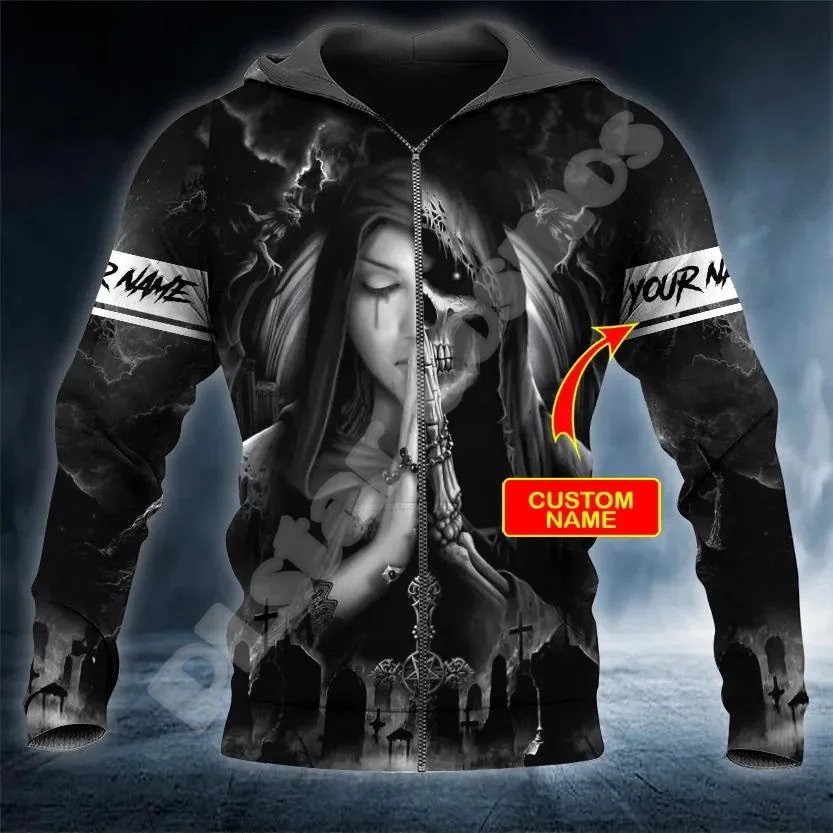NewFashion Custom Name Skull Grim Reaper Ghost Tattoo Retro Tracksuit Harajuku 3DPrint Streetwear Casual Funny Jacket Hoodies X8