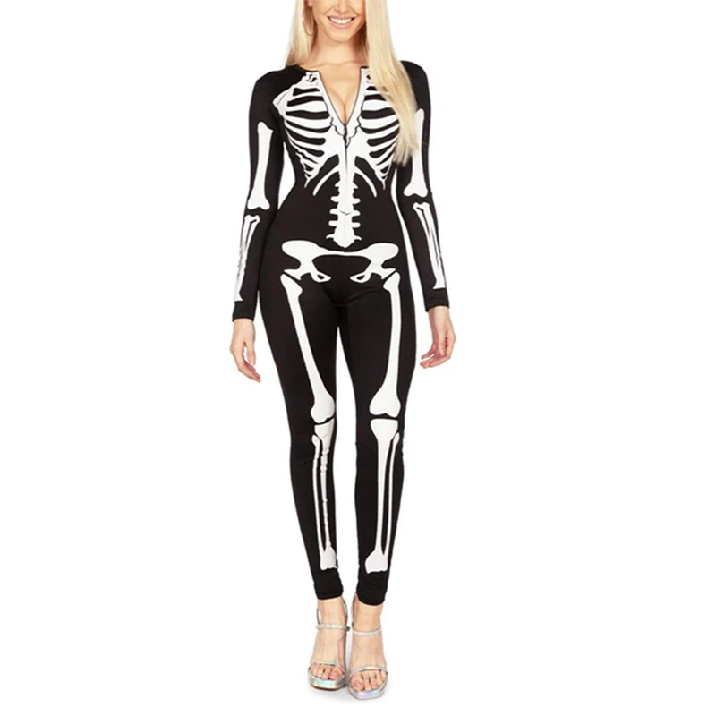 WomensSkullSkeletonHalloweenCostumeJumpsuitBodysuit1PieceRomper