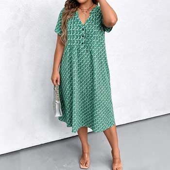 plus Size Women's V-Neck Midi Dress Short Sleeve Button Print Summer Casual Loose Dress with Pockets for Vacation 1