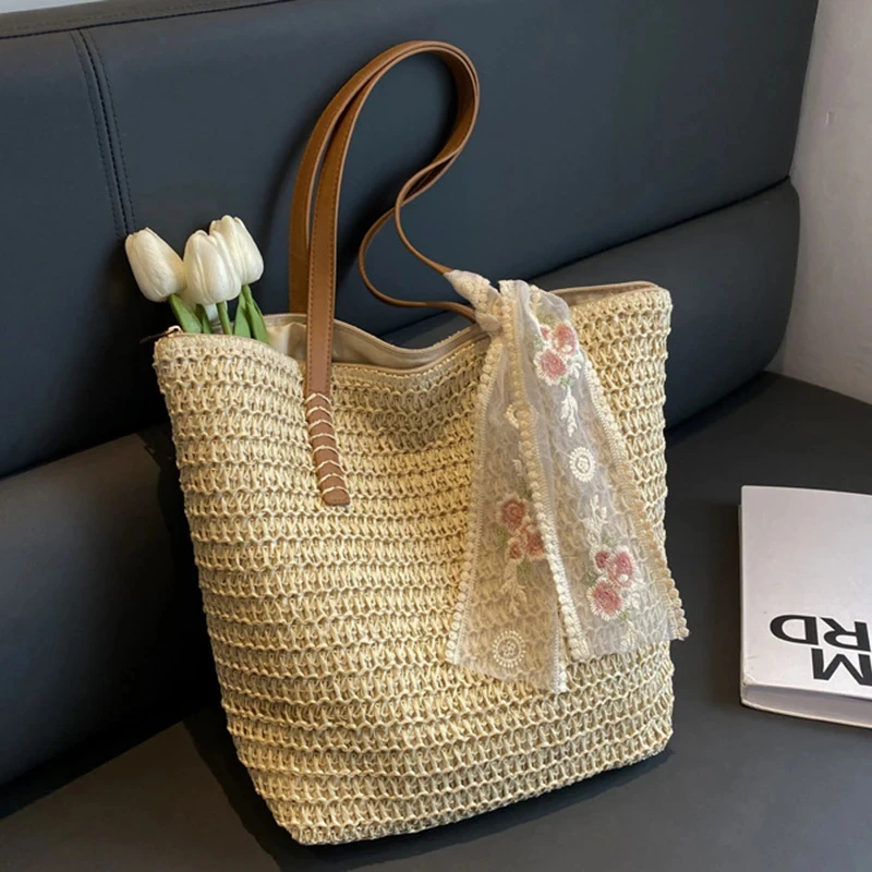 

Summer Large Capacity Tote Bag Women Handmade Straw Shoulder Bag Vacation Woven Beach Bag with Lace Tie Ladies Fashion Handbag