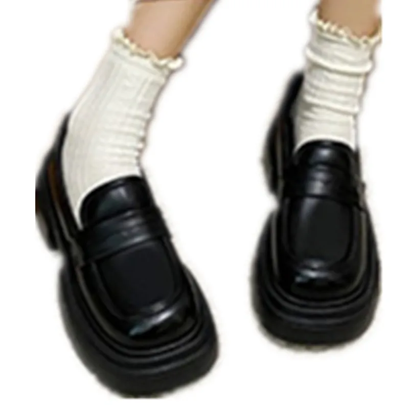 Leather Platform Loafers Woman British Style Thick Heels Oxfords Shoes Women Slip On College Gothic Shoes Fashion Vulcanized New