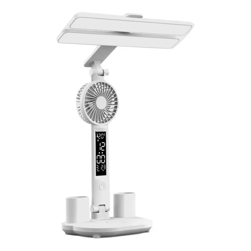 

Double Head Led Desk Lamp With Calendar Clock Temperature Fan Pen Holder Multifunctional Night Light Home Decor Accessories