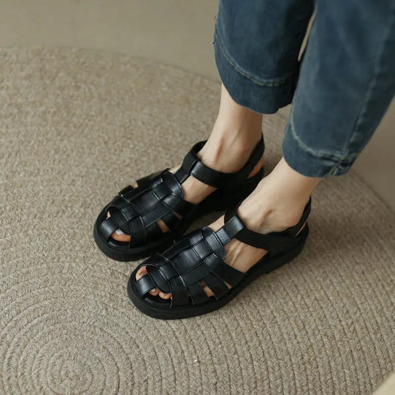 

QZYERAI 2022 New Women Real Leather Shoes Summer Sandals Strap Hollow Out Beach Sandals Cool Ladies Footwear Size 34-43