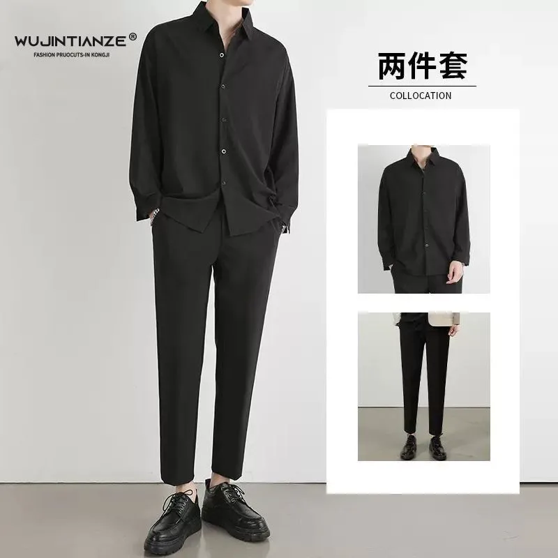 

M-8XL Shirt Long Sleeve Spring Autumn Light Mature Style Advanced Sense Of Black Shirt Men With A Set Of Handsome Loose Pants