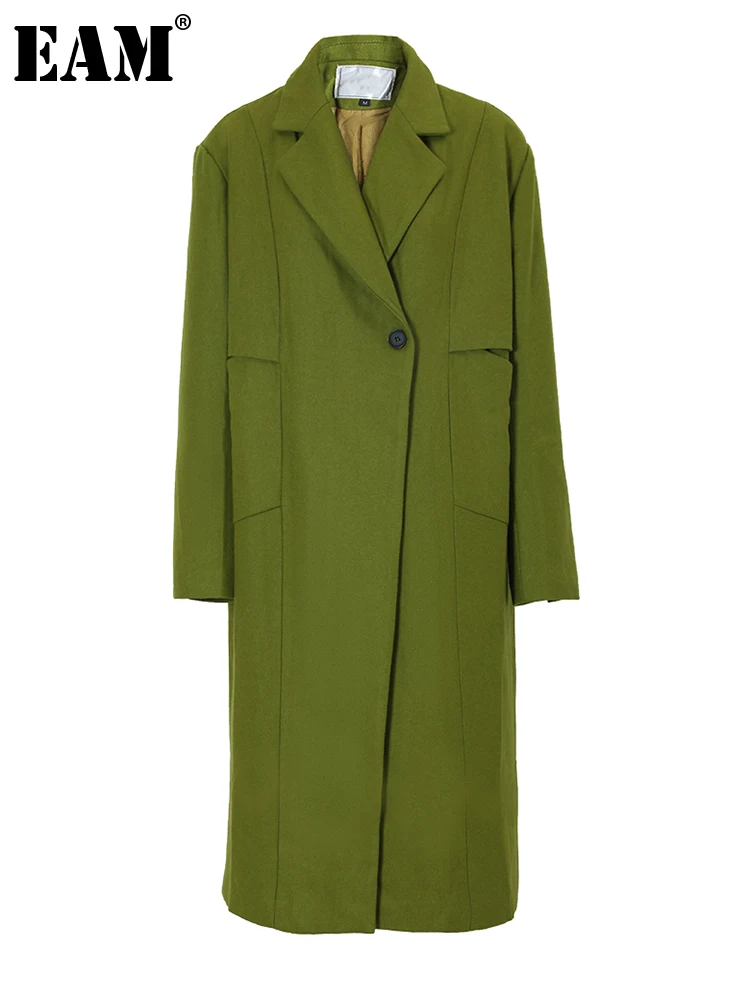 

[EAM] Pocket Green Big Size Thick Long Woolen Coat Parkas New Long Sleeve Women Fashion Tide Autumn Winter 2024 1DF021906