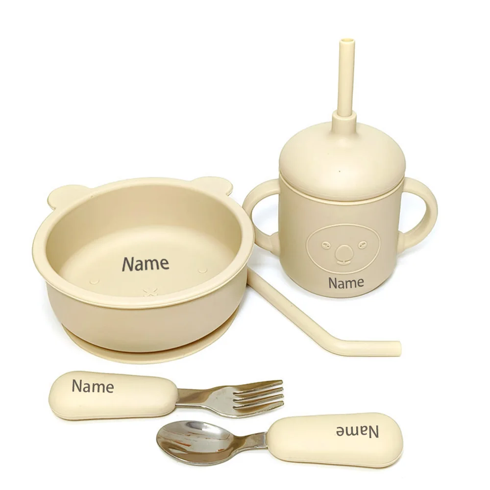 5-Piece Children's Tableware Set with Free Name Printing on Kids' Bowl. Personalized silicone tableware—a unique gift for babies