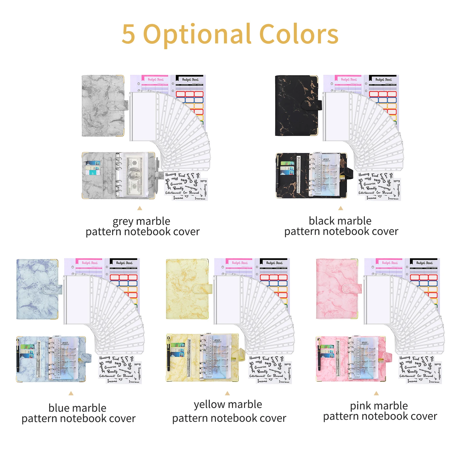 A6 Budget Binder with Marble Texture Pattern PU Leather Notebook Cover Zipper Envelopes Lable Stickers Ruler as Money Organizer 6