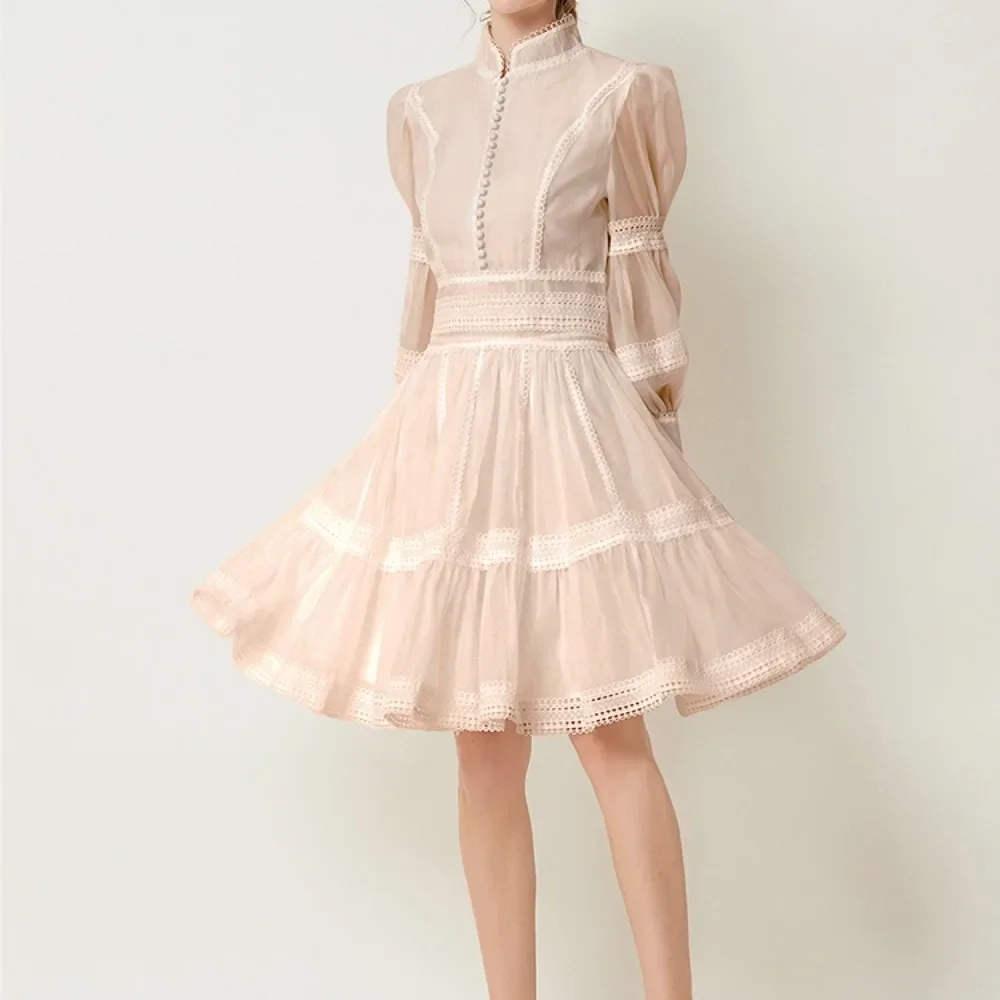 chinese dress ladies Elegant Women Irregular Ruffle Patchwork Dress Lantern Sleeve Stand Ne –  Simplepromdress main image 0