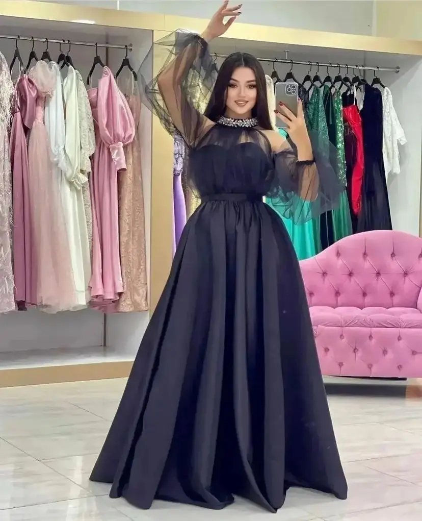 

Santorini 2023 Black Prom Dresses Crystal High Collar Evening Party Women Wear Detachable Long Sleeves فساتين مناسبة رسمية