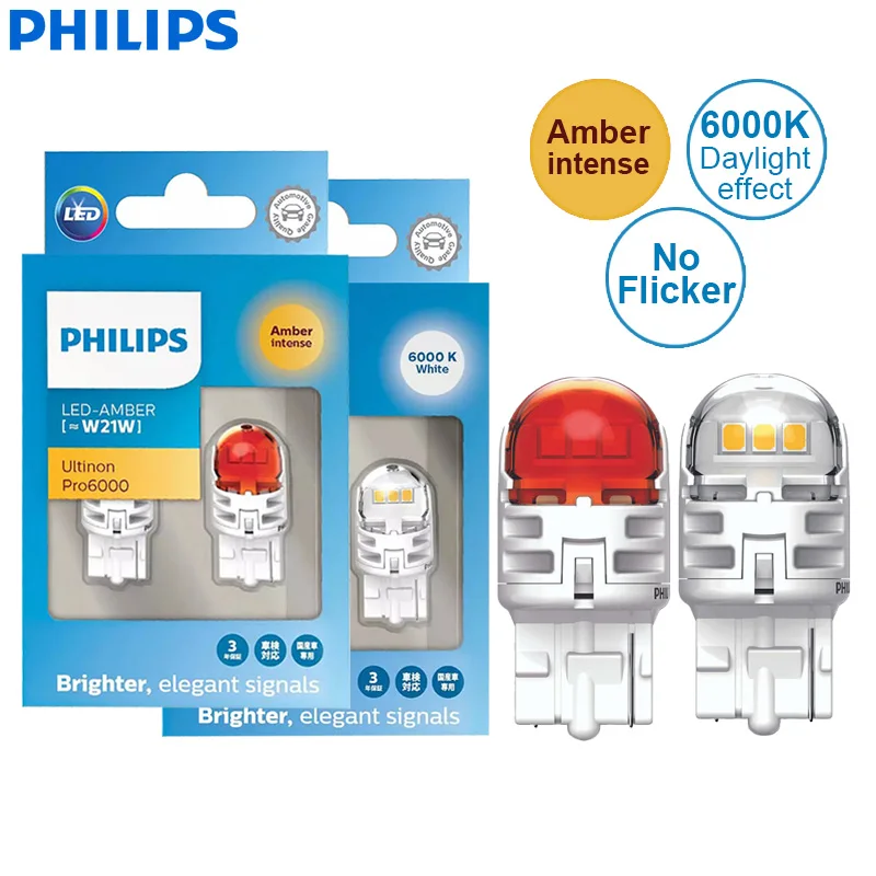 Philips Ultinon Pro6000 LED W21W 7440 T20 One Contact Amber White Car Turn  Signal Reverse Lamps No Flash Flickering Error Free