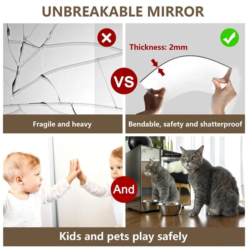 Description Picture 5 of itemHD Anti Fog Wall Mirror Sticker DIY Full Length Mirror Tiles Self Adhesive Shatterproof Non Glass Safety Mirror Sheets 2MM Thick