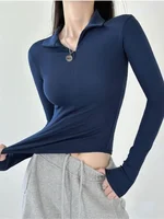 Zipper Polo Neck T Shirt for Women Plain Slim Spring Autumn Korean Clothing Woman Tshirt Luxury with Collar Synthetic Original - Image 3