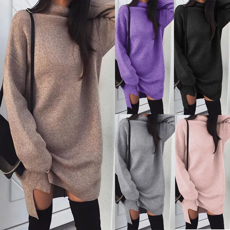 Autumn Women Turtleneck Long Sleeve Asymmetrical Dress
