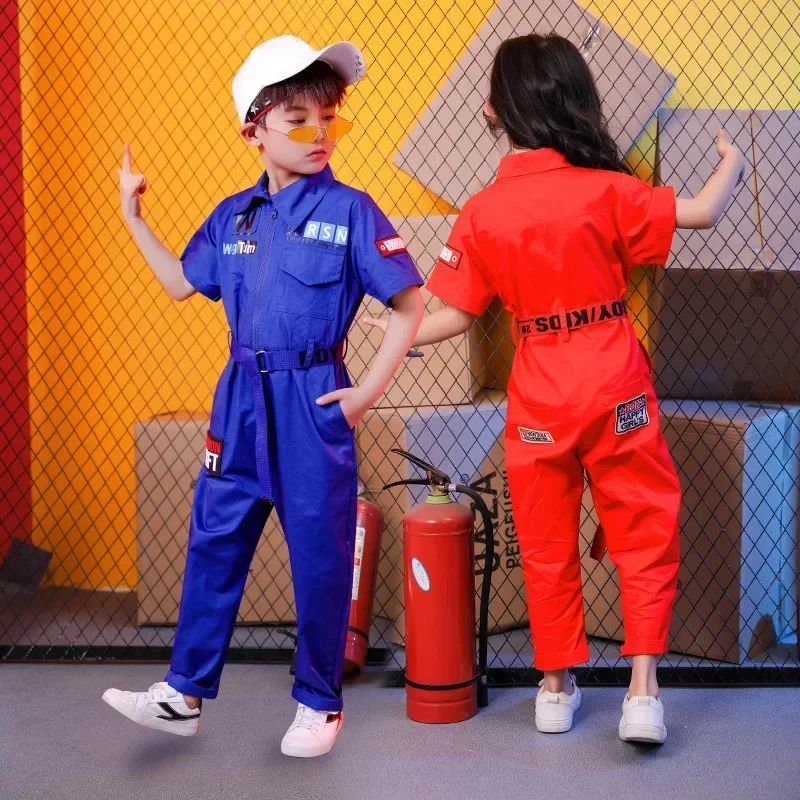 

Kids Cool Short Sleeve Hip Hop Clothing Blue Red Loose Jumpsuit Overalls for Girls Boys Jazz Dance Costumes Dancing Clothes Wear