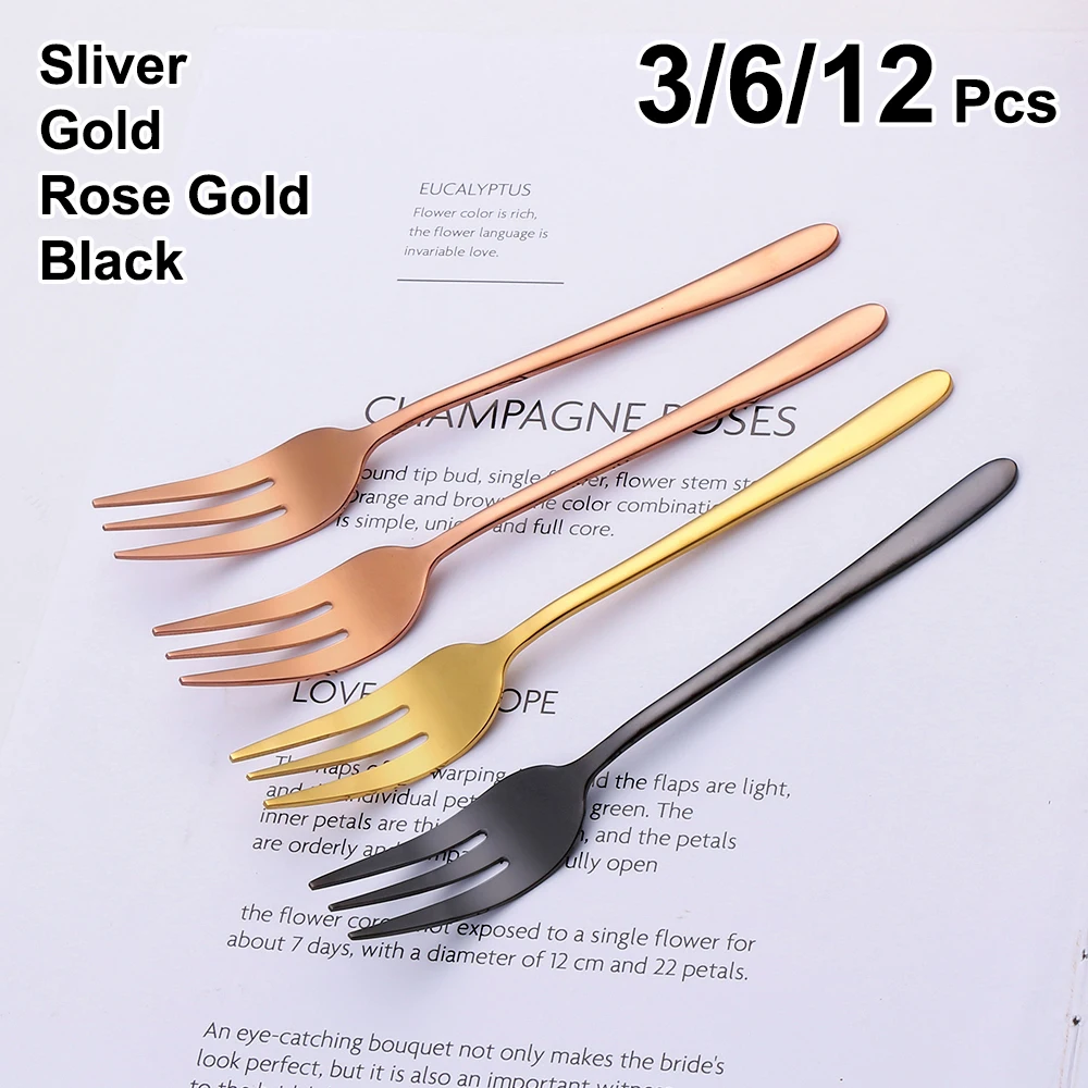 Gold Fruit Fork Stainless Steel Coffee Tea Fork Set Ice Cream Cake Dessert Mini Forks Party Sliverware 3/6/12Pcs Black Cutlery