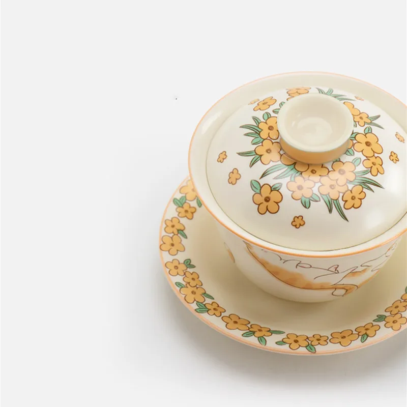 Chinese Hand-painted Cute Cat Gaiwan Handmade Ceramic Tea Tureen Teacup Household Tea Bowl Travel Portable Set Accessories