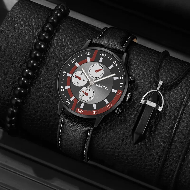 3PCS Set Fashion Mens Business Watches Men Casual Beaded Bracelet Necklace Black Leather Quartz Wrist Watch Relogio Masculino diamond with milan star watch female magnet magnet quartz watch net red vibrating the same watch wholesale gun black plastic shell