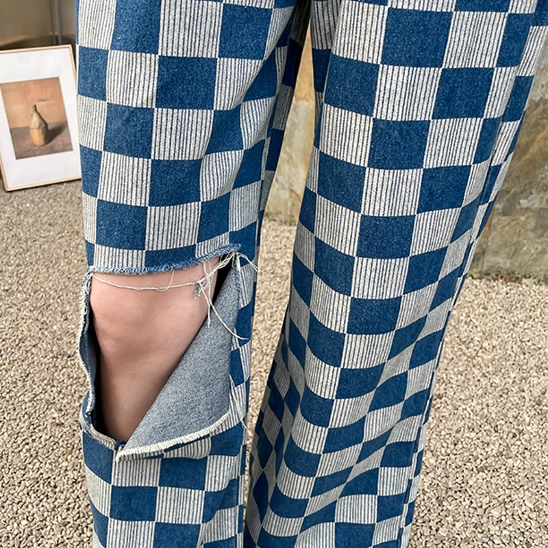 Spring Summer New Hole Blue Baggy Jeans Women Fashion High Waist Adjustable Plaid Denim Wide Leg Pants Female