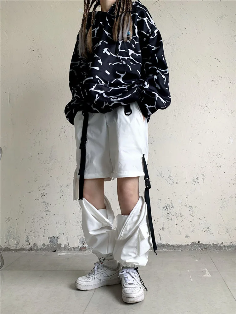 old navy capris White Streetwear Cargo Pants Women Y2k Harajuku Loose Patchwortk High Waist Trousers Casual Removable Techwear Korean bell bottom jeans