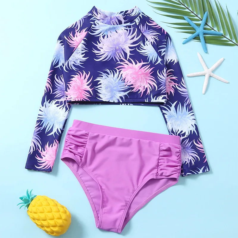 Girls High Waist Bikini Sets with Long Sleeve Crop Tops Kids Swimsuit 7-12 Years Children's Swimwear Teenage Bathing Suit girls swimwear