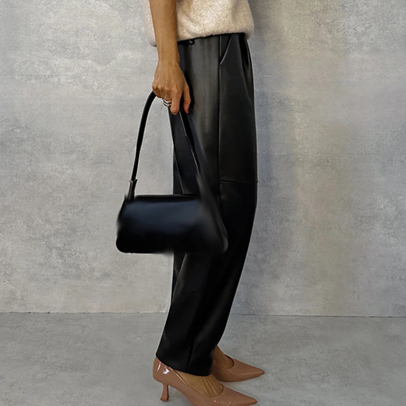 Leather Pants Streetwear Casual Solid PU Leather Pants for Women Spring Elastic Waist Pocket Trousers Autumn Straight Office Ladies Pants