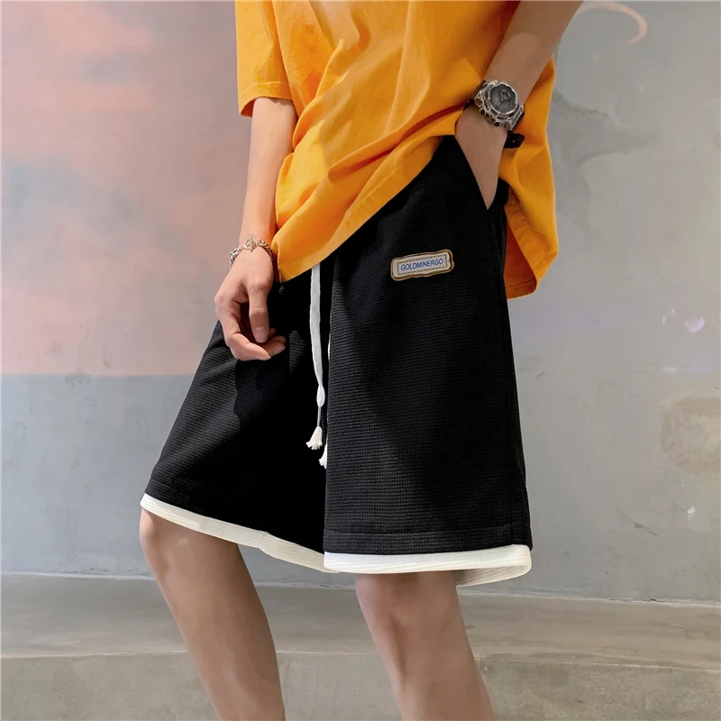 Men Waffle Patchwork Handsome Sport Shorts Loose Fitness Knee Length Shorts Designer Drawstring Hip Hop Straight Ulzzang Shorts