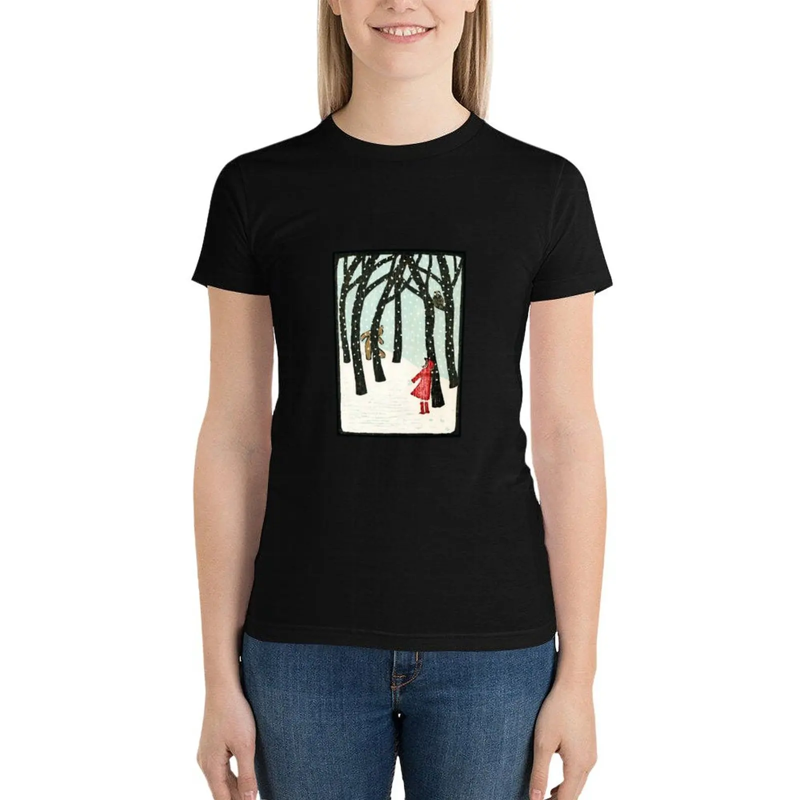 Hello Bear - Original woodcut by Francesca Whetnall T-Shirt hippie clothes plus size tops female Short sleeve tee Women clothing