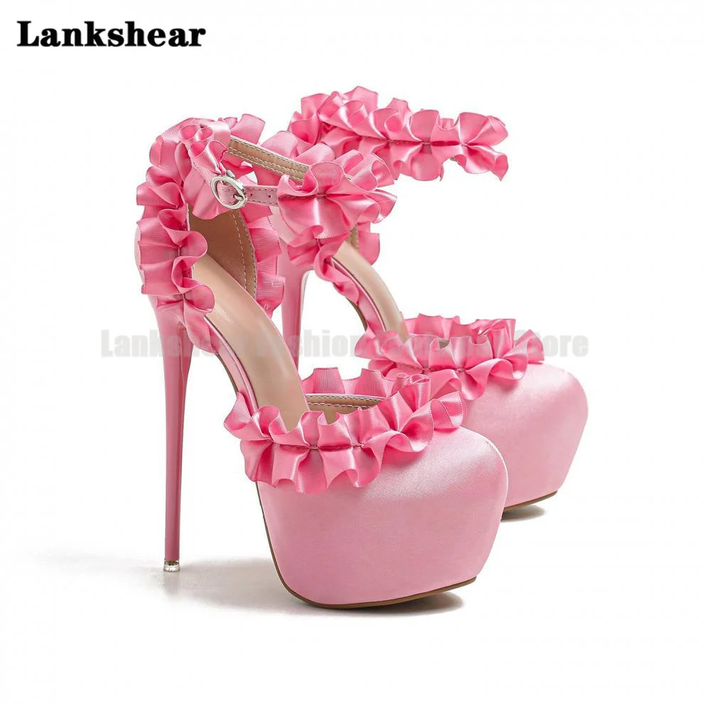 

Pink Ruffles Decoration Platform Mary Jane Women's Shoes New 16Cm Stiletto Sandals Sweet Single Shoes Women's Shoes 35-42